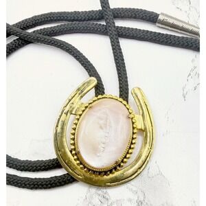 Vintage Gold Tone Horseshoe Bolo Tie Pink Glass Stone Western 18" Unisex